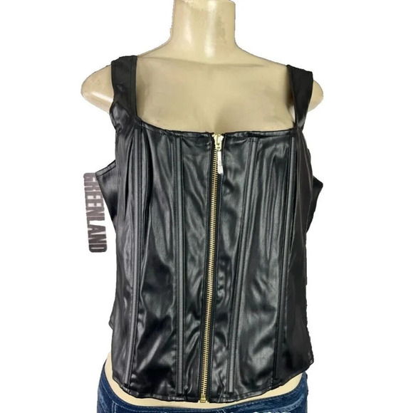 Torrid 0-L Black Faux Leather Boned Zip Front Lined Sleeveless Crop Corset Top - Picture 2 of 6